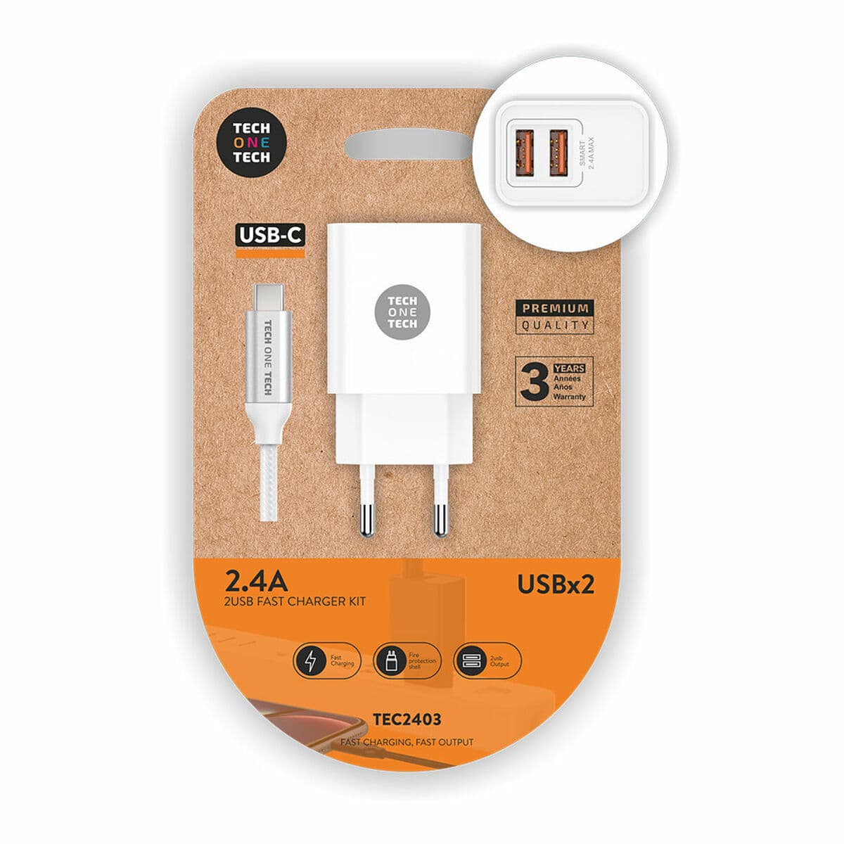 Caricabatterie da Parete + Cavo USB-C Tech One Tech TEC2403 Bianco 12 W Doppia