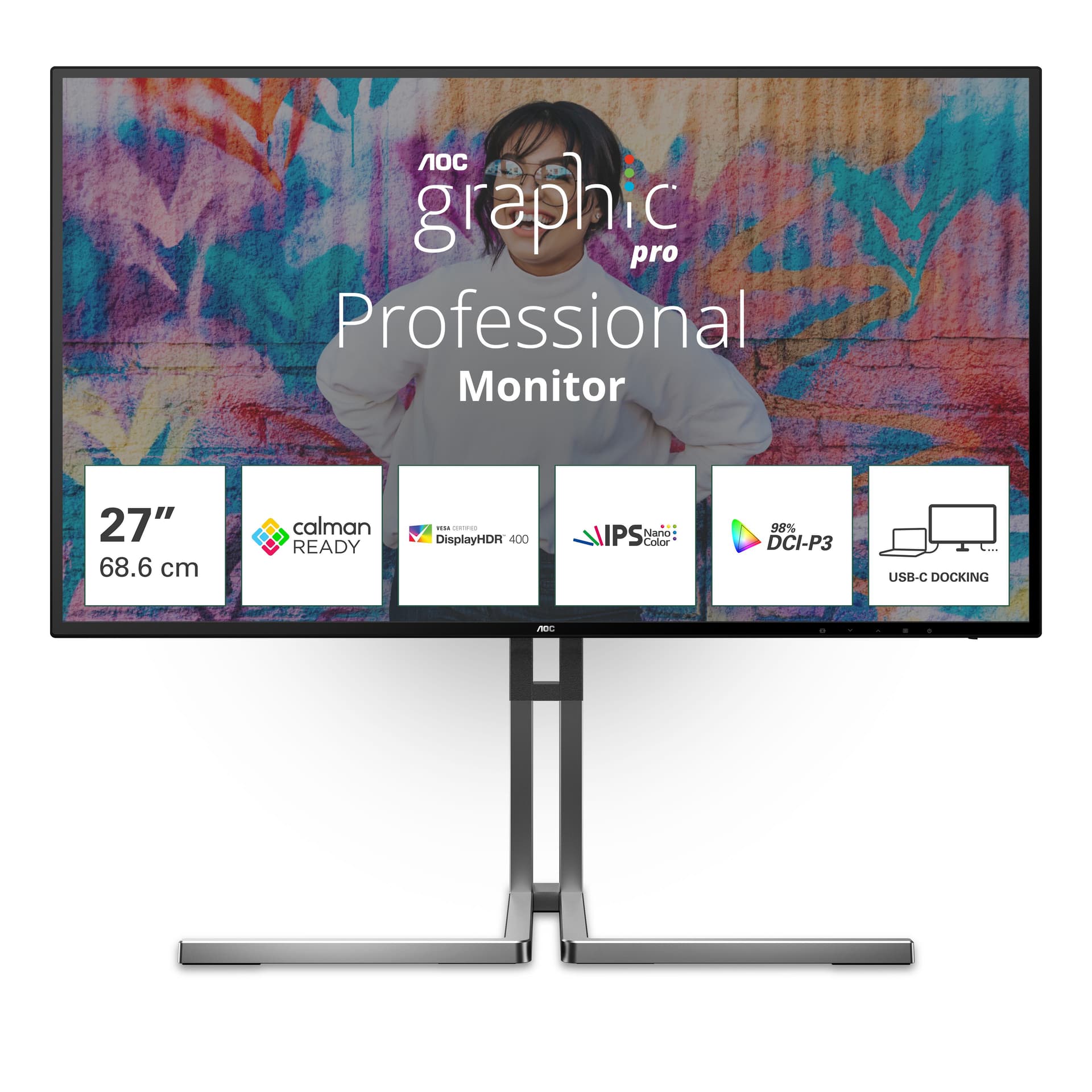 AOC U3 U27U3CV Monitor PC 68,6 cm [27] 3840 x 2160 Pixel 4K Ultra HD LCD Nero (AOC U27U3CV - Graphic Pro Series - LED monitor - 27 - 3840 x 2160 4K @ 60 Hz - Nano IPS - 350 cd/mÂ² - 1300:1 - DisplayHDR 400 - 4 ms - 2xHDMI, DisplayPort, 2xUSB-C - spea