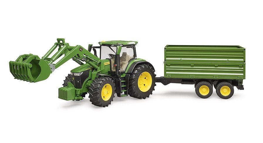 BRUDER John Deere 7R con caricatrice frontale e rimorchio per trasporto assi tandem (Bruder John Deere 7R 350 with front lo)