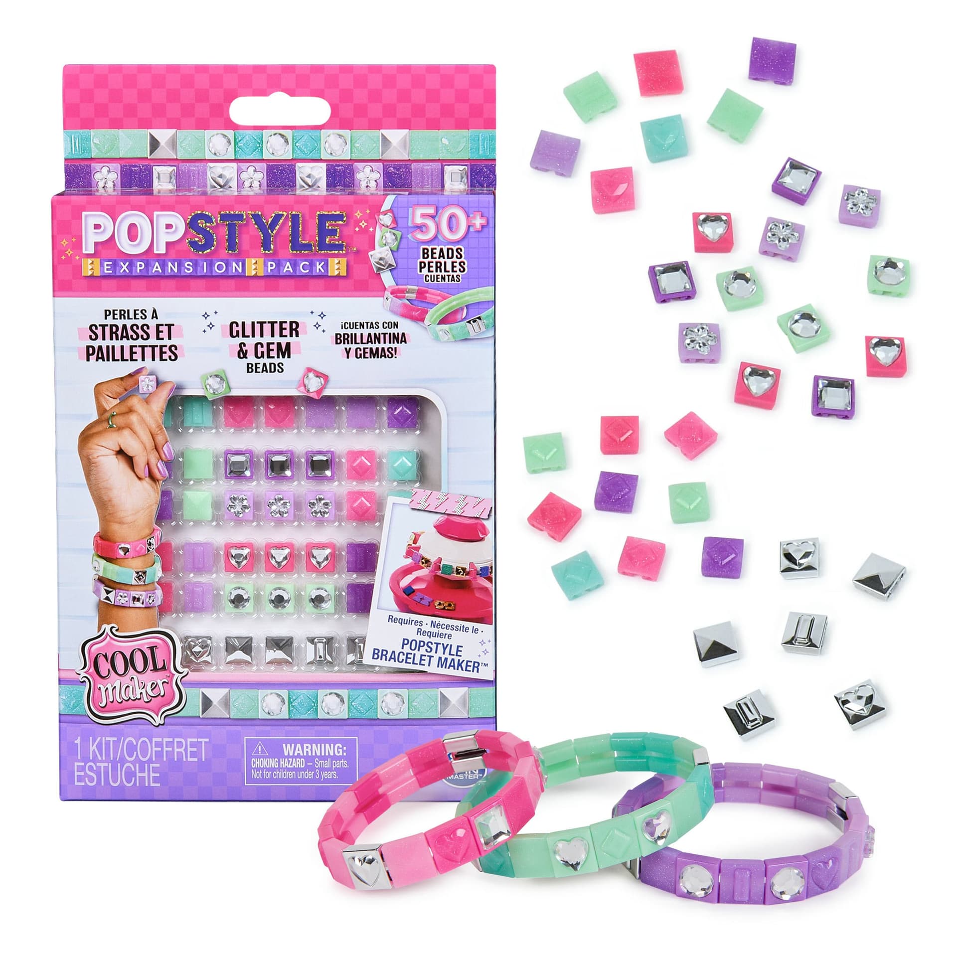 Cool Maker PopStyle Bracelet Maker Expansion Pack, 50 perline con gemme, 3 braccialetti dell'amicizia, kit per la creazione di braccialetti, giocattoli creativi fai da te per bambine (Cool Maker PopStyle Bracelet Maker Exp)