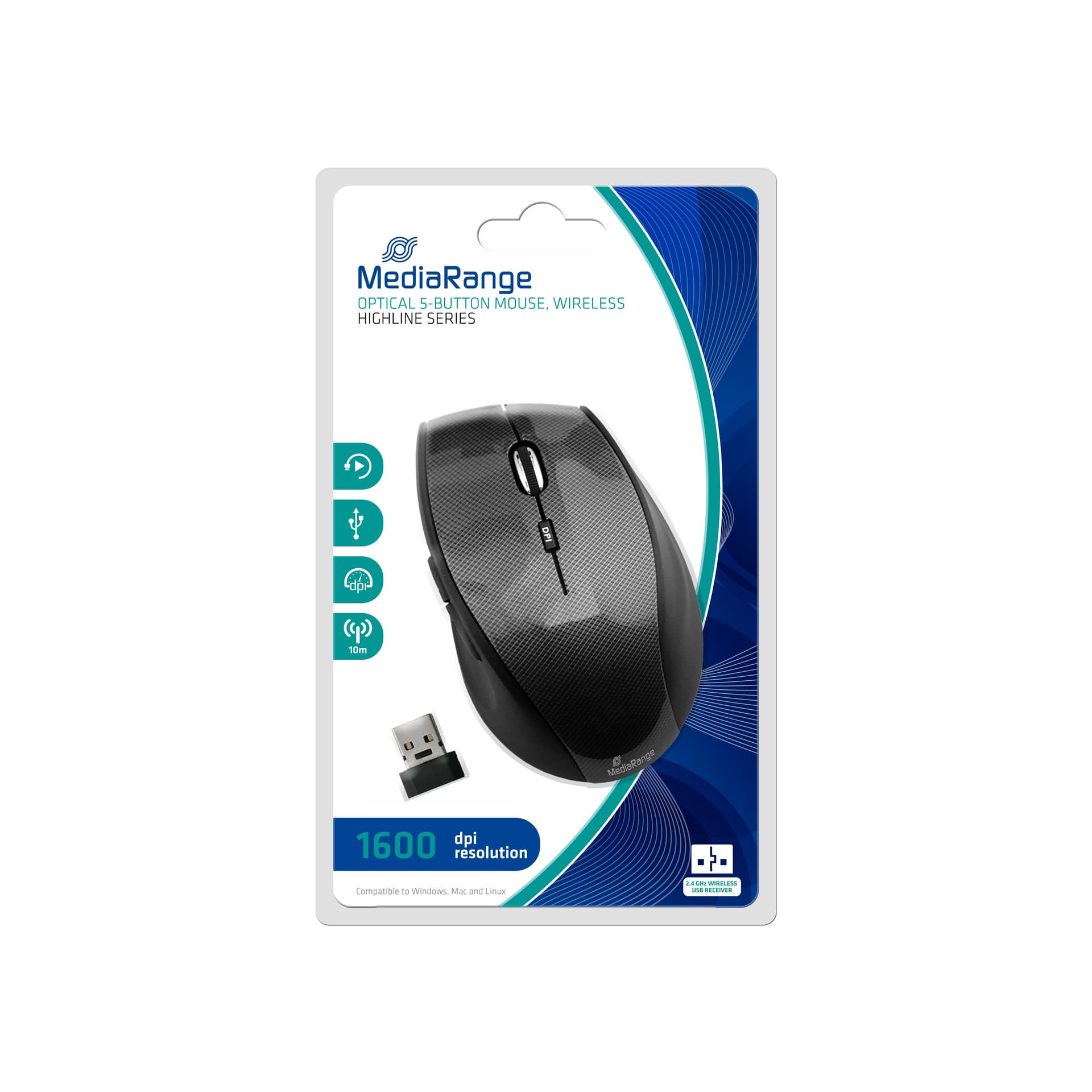 MediaRange MROS207 mouse Ufficio Mano destra RF Wireless Ottico 1600 DPI (Maus Highline optisch 5 Tasten - schnurlo - Warranty: 12M)